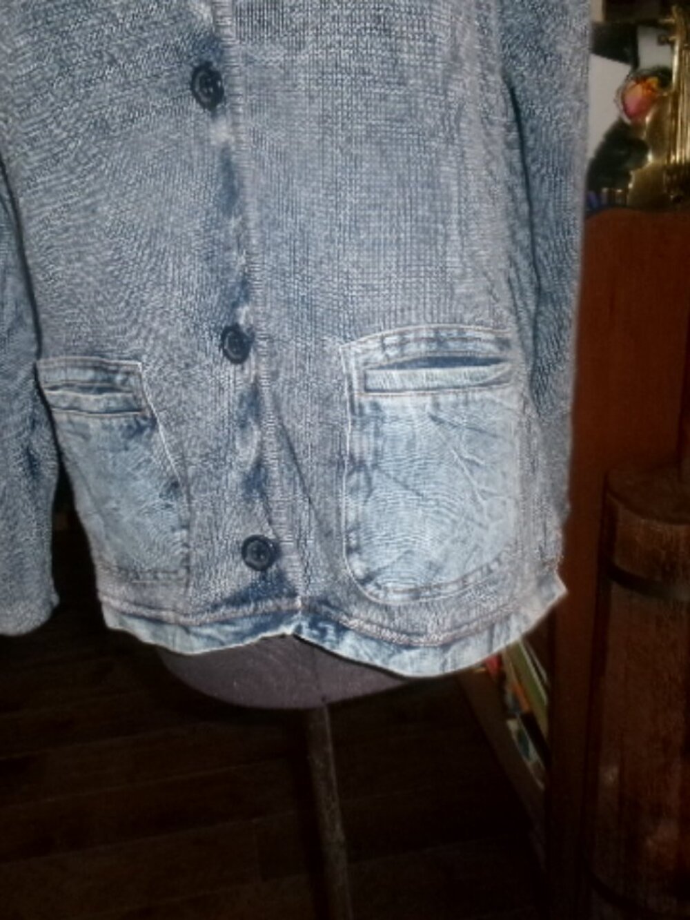 vtg North Line sweater front acid wash denim jacket button front 2 pocket Med - Picture 3 of 4